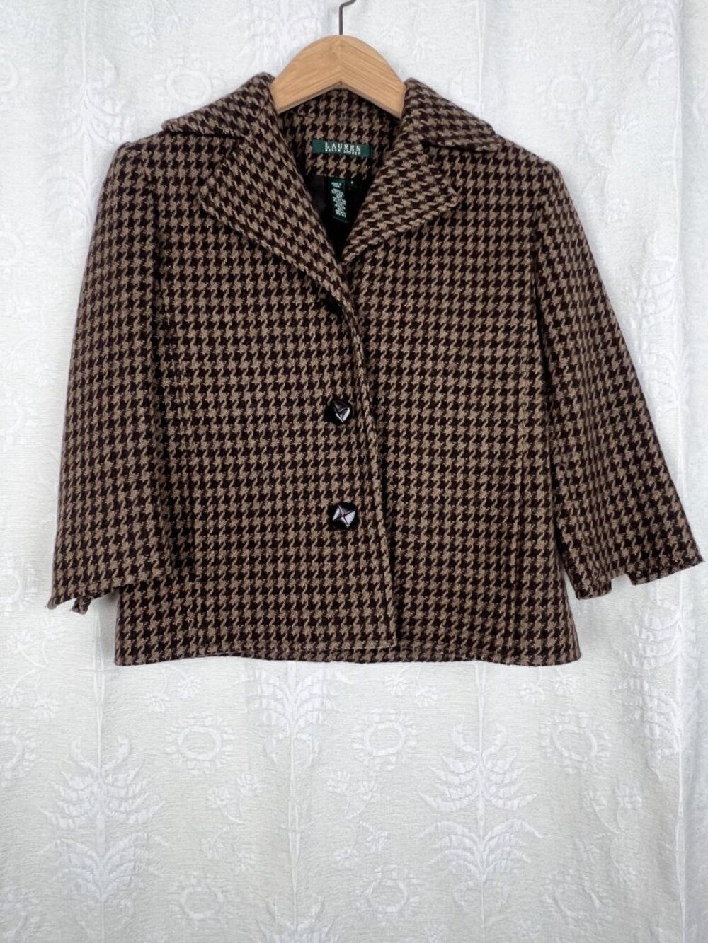 Vintage houndstooth tweed cropped jacket brown Lauren Ralph Lauren classic retro